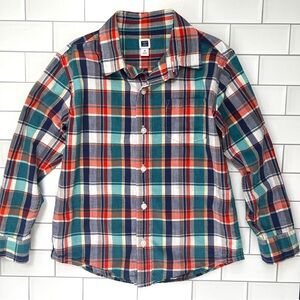 5🧡 Janie & Jack Boys Madras Plaid Button Down Collared Shirt Teal Green Orange
